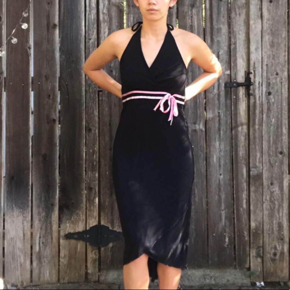y2k little black dress with pink bow waistband detail